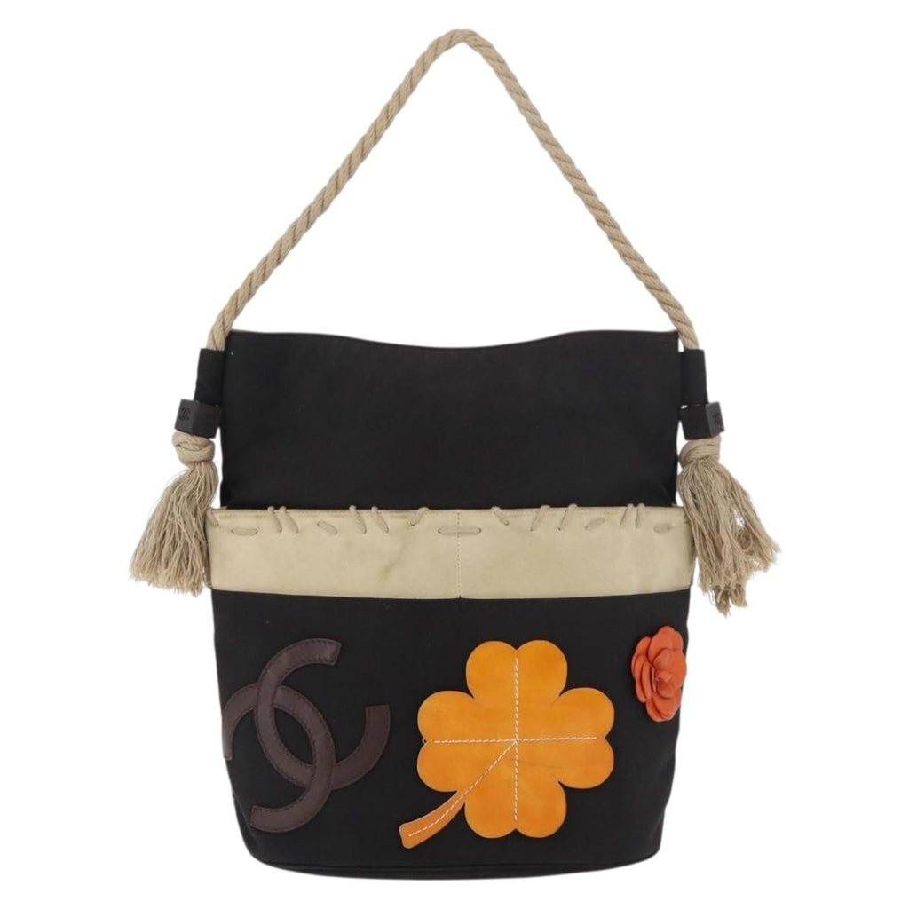 Chanel Camellia Shoulderbag Canvas Black Canvas Shoulder Bag Bag (Pre-Owned)