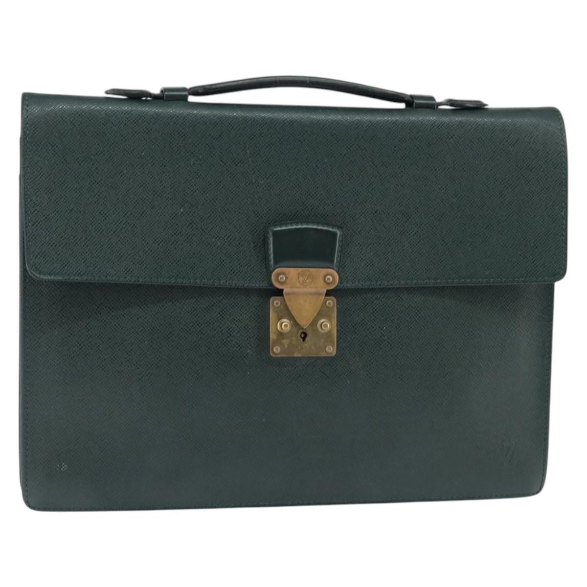 Louis Vuitton Serviette Kourad Briefcase Taiga Leather Green Leather Briefcase Bag (Pre-Owned)