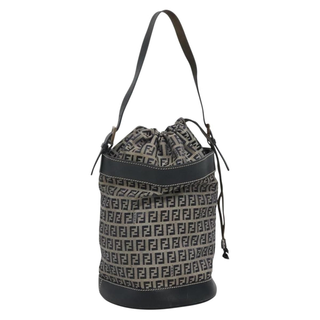 Fendi Ff Logo Mon Tresor Bucket Bag Printed Shearling With Leather Navy Canvas Shoulder Bag Bag (Pre-Owned)