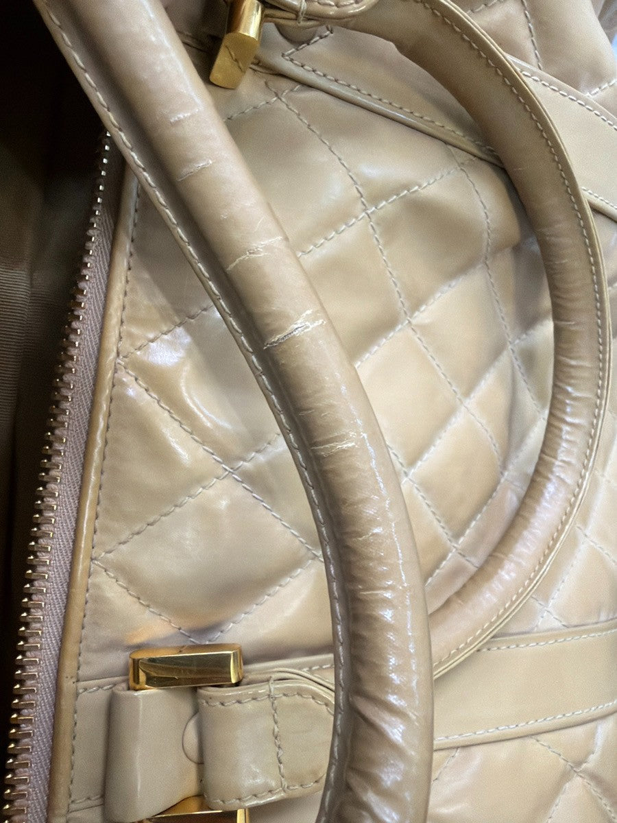 Chanel Vintage Bowler Bag Lambskin Beige Patent_Leather Handbag (Pre-Owned)