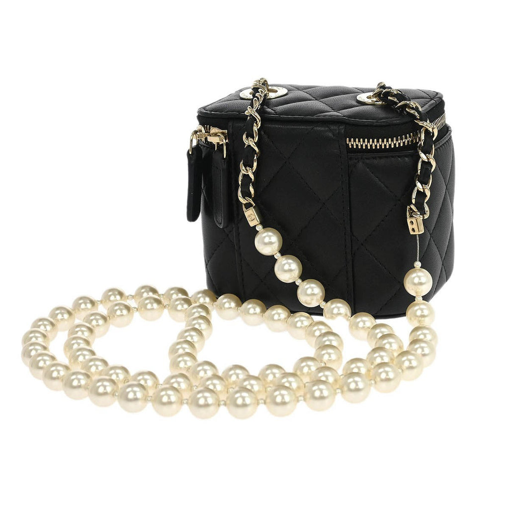 Chanel Vanity Case With Pearl Chain Quilted Lambskin Black Leather Shoulder Bag Bag (Pre-Owned)