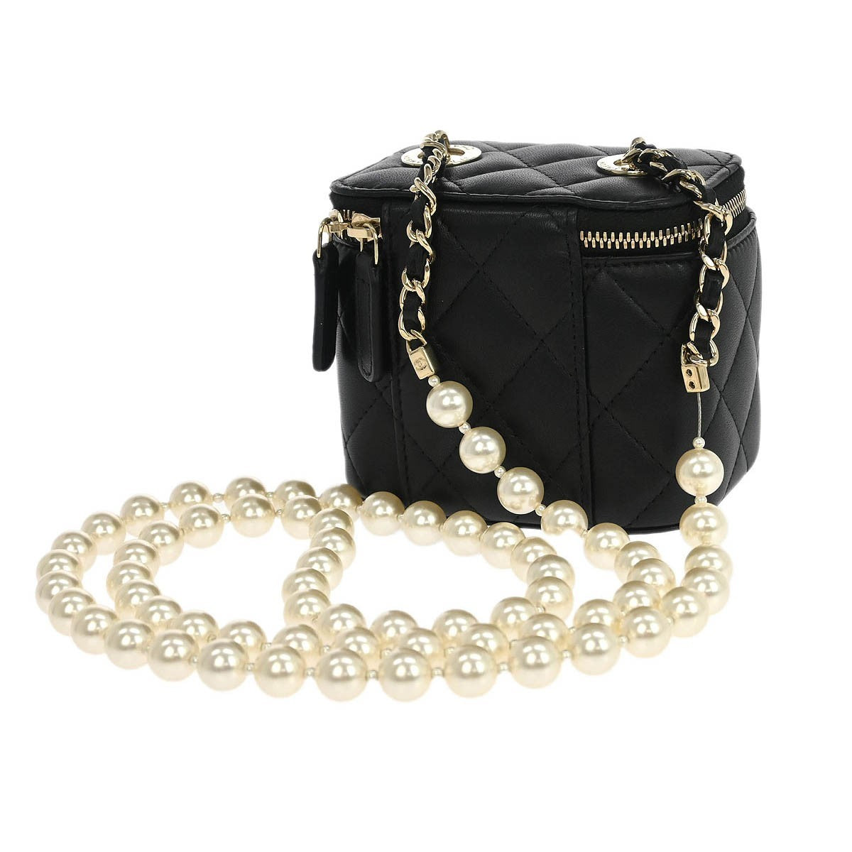 Chanel Vanity Case With Pearl Chain Quilted Lambskin Black Leather Shoulder Bag Bag (Pre-Owned)
