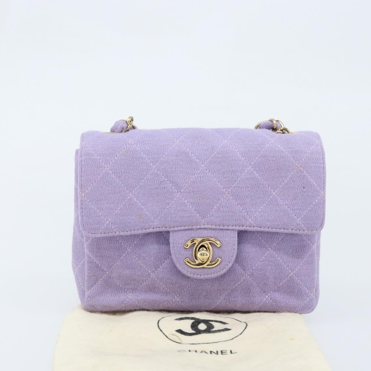 Chanel Square Classic Single Flap Bag Fabric Purple Cotton Crossbody Bag Bag (Pre-Owned)