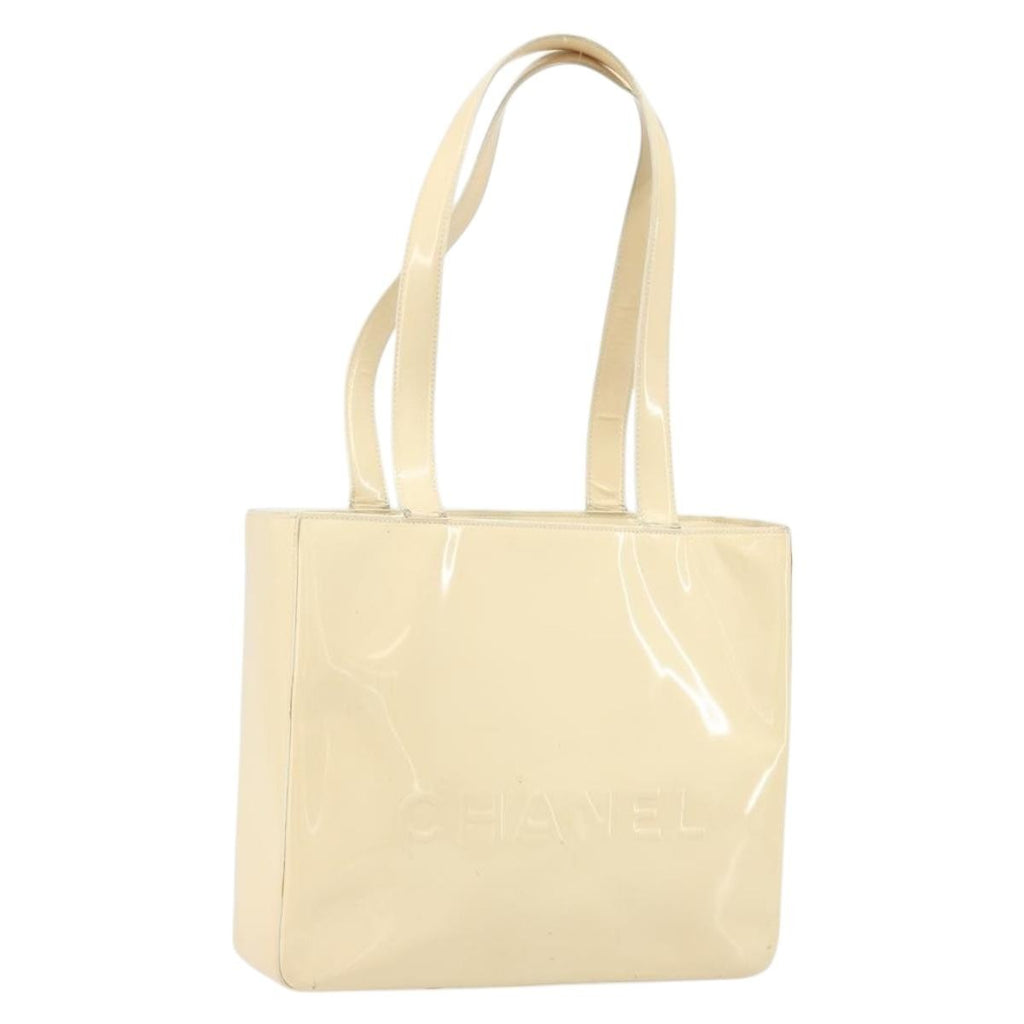 Chanel Vintage Embossed Logo Shoulder Bag Patent Beige Patent_Leather Tote Bag Bag (Pre-Owned)