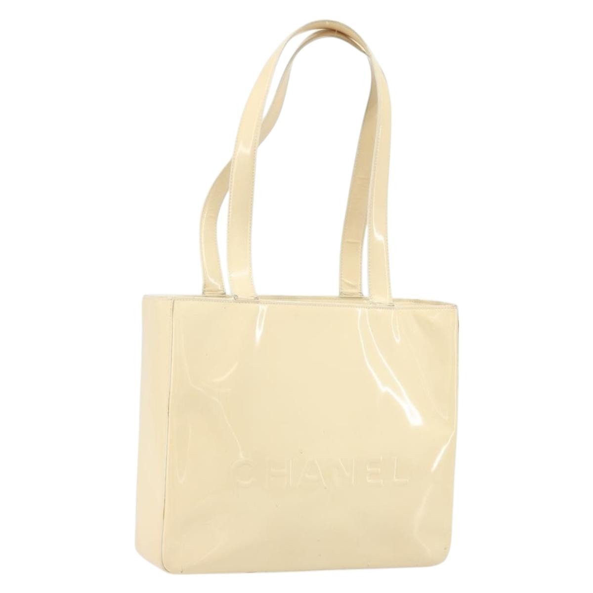 Chanel Vintage Embossed Logo Shoulder Bag Patent Beige Patent_Leather Tote Bag Bag (Pre-Owned)