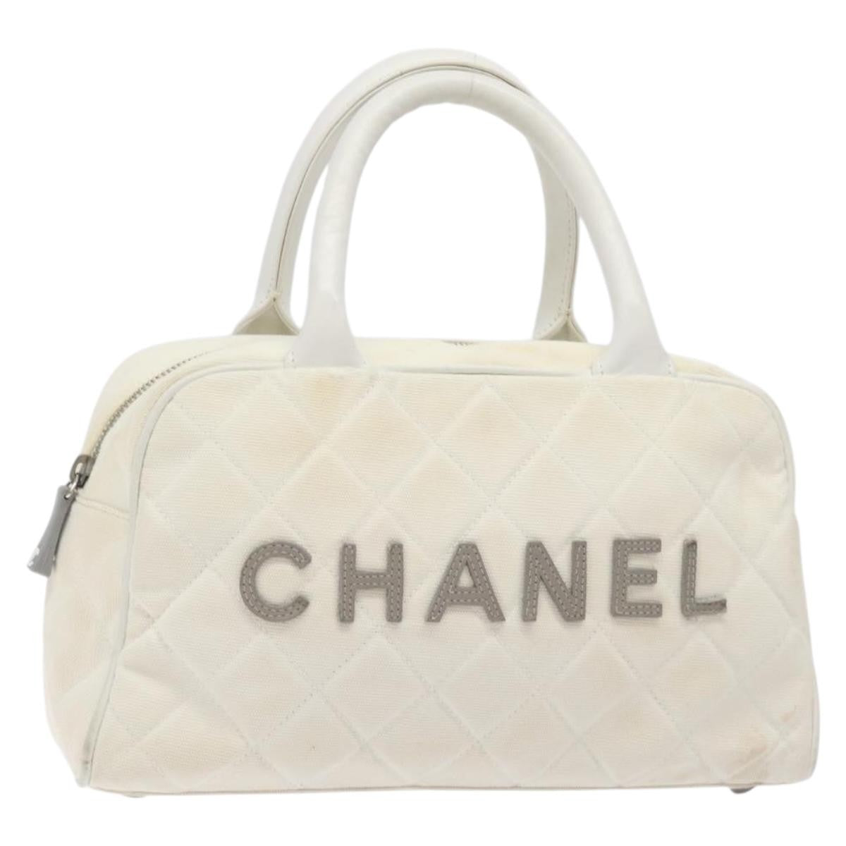 Chanel Vintage Logo Bowler Bag Quilted Canvas White Canvas Handbag (Pre-Owned)