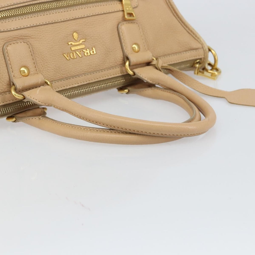 Prada Front Zip Convertible Satchel Cervo Leather Beige Leather Handbag (Pre-Owned)