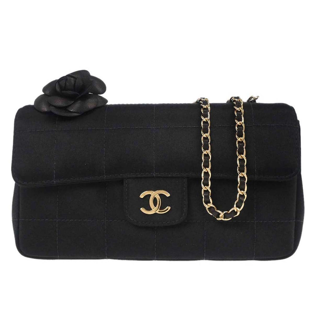 Chanel Chocolate Bar Flap Bag Quilted Satin Black Satin Shoulder Bag Bag (Pre-Owned)
