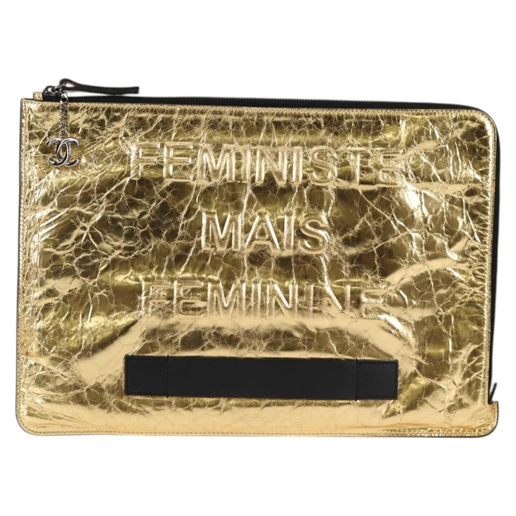 Chanel Feminine Pouch Crinkled Leather Gold Leather Clutche & Pouche Bag (Pre-Owned)