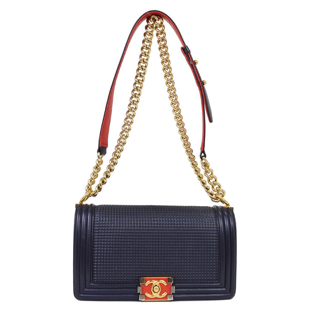 Chanel Boy Flap Bag Cube Embossed Lambskin Navy Leather Shoulder Bag Bag (Pre-Owned)