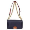 Chanel Boy Flap Bag Cube Embossed Lambskin Navy Leather Shoulder Bag Bag (Pre-Owned)