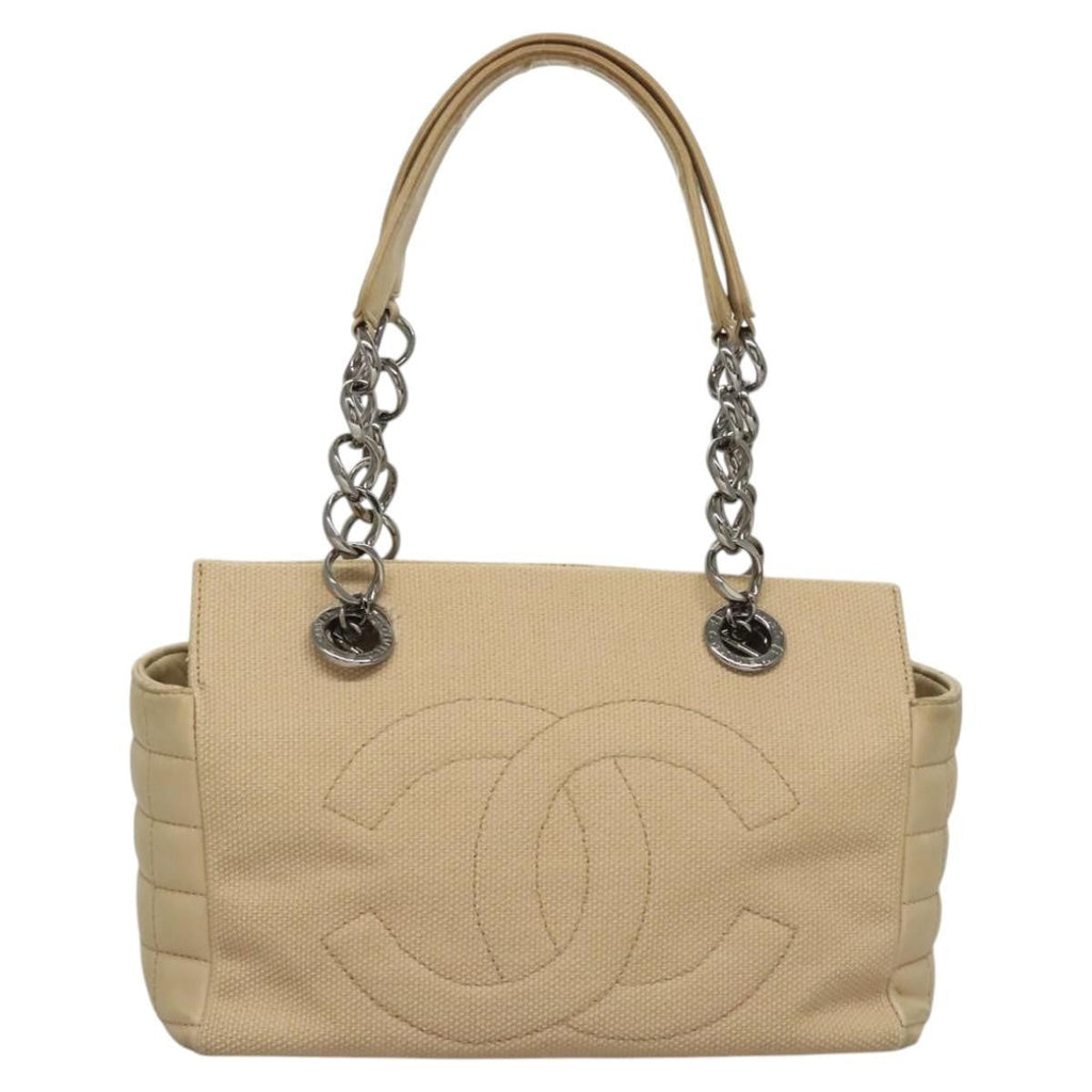 Chanel Vintage Chocolate Bar Tote Quilted Canvas Beige Canvas Handbag (Pre-Owned)