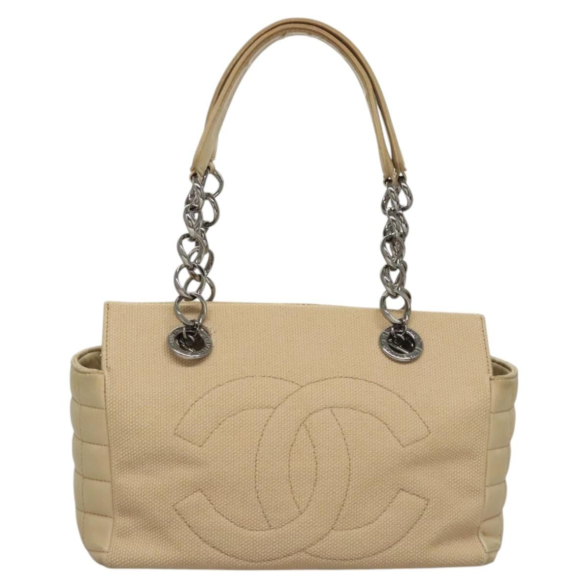 Chanel Vintage Chocolate Bar Tote Quilted Canvas Beige Canvas Handbag (Pre-Owned)