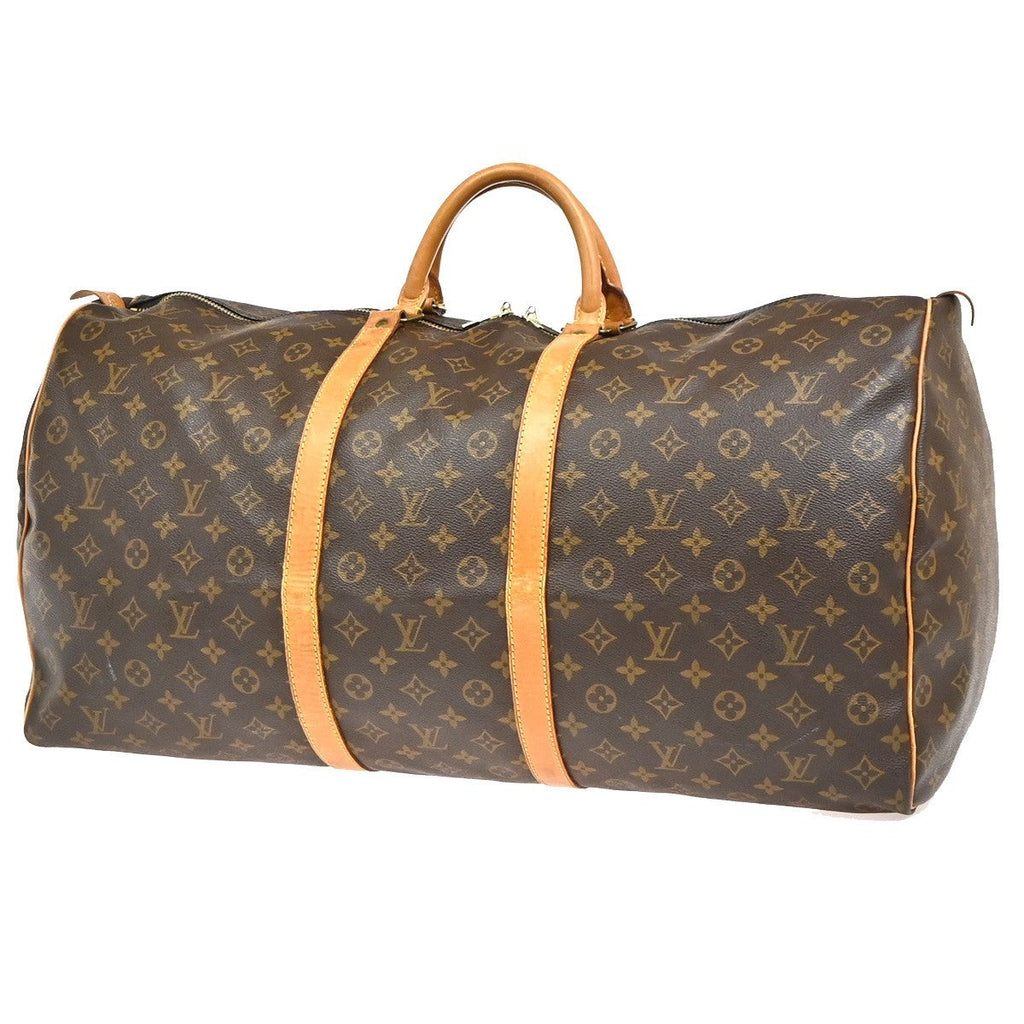 Louis Vuitton Keepall Bag Monogram Canvas Brown Leather Travel Bag Bag (Pre-Owned)