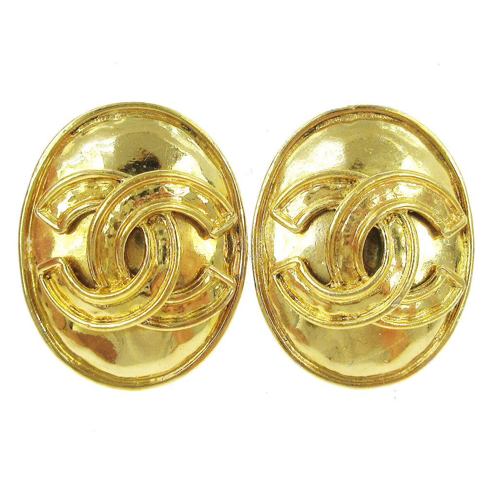 Chanel Vintage Cc Button Ovales Clip-On Earrings Gold-Plated Gold Gold_Plated Earrings Jewelry (Pre-Owned)