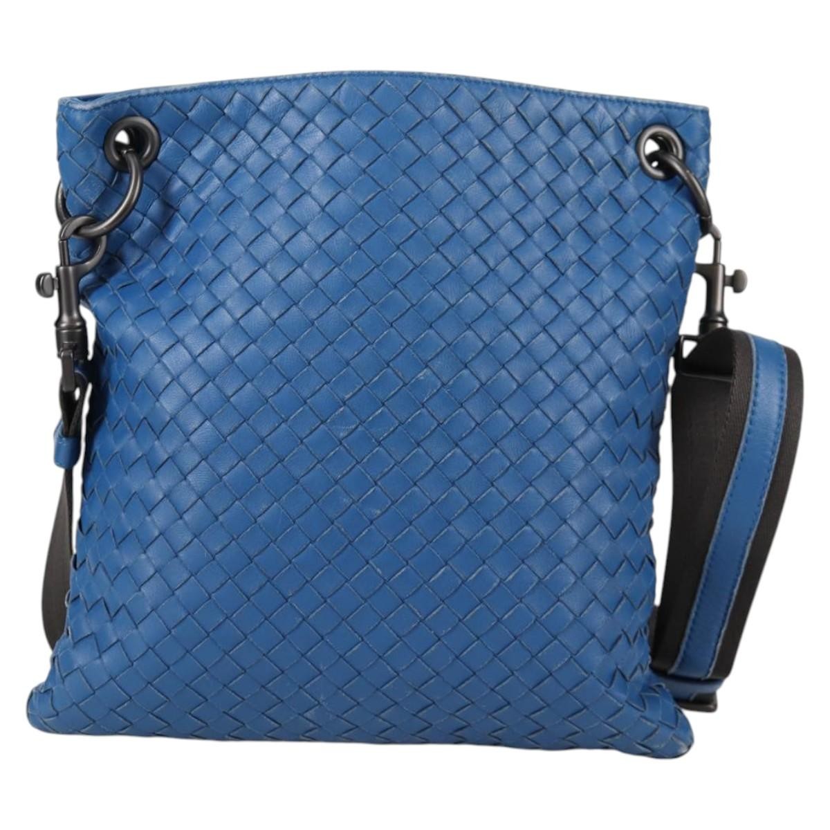 Bottega Veneta Flat Messenger Bag Intrecciato Nappa Blue Leather Shoulder Bag Bag (Pre-Owned)