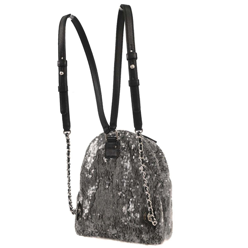 Chanel Waterfall Backpack Sequins With Leather Black Leather Backpack Bag (Pre-Owned)