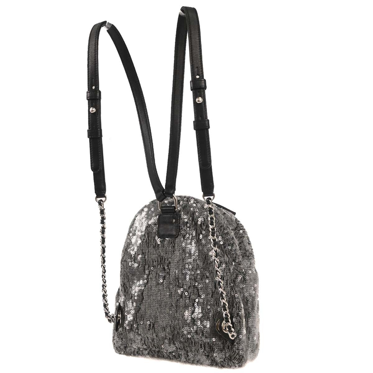 Chanel Waterfall Backpack Sequins With Leather Black Leather Backpack Bag (Pre-Owned)
