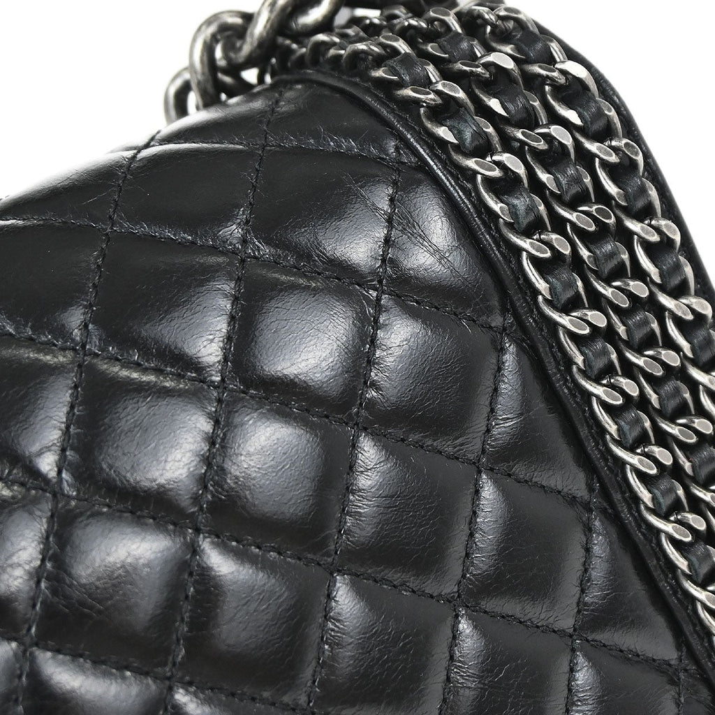 Chanel Boy Flap Bag Quilted Glazed Calfskin Black Leather Handbag (Pre-Owned)