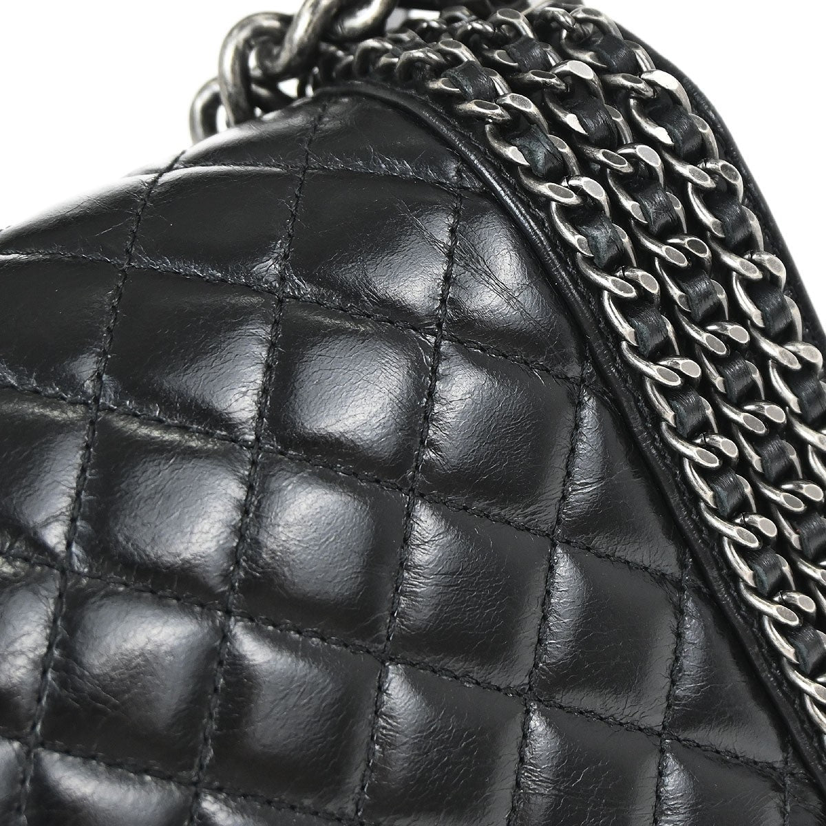 Chanel Boy Flap Bag Quilted Glazed Calfskin Black Leather Handbag (Pre-Owned)