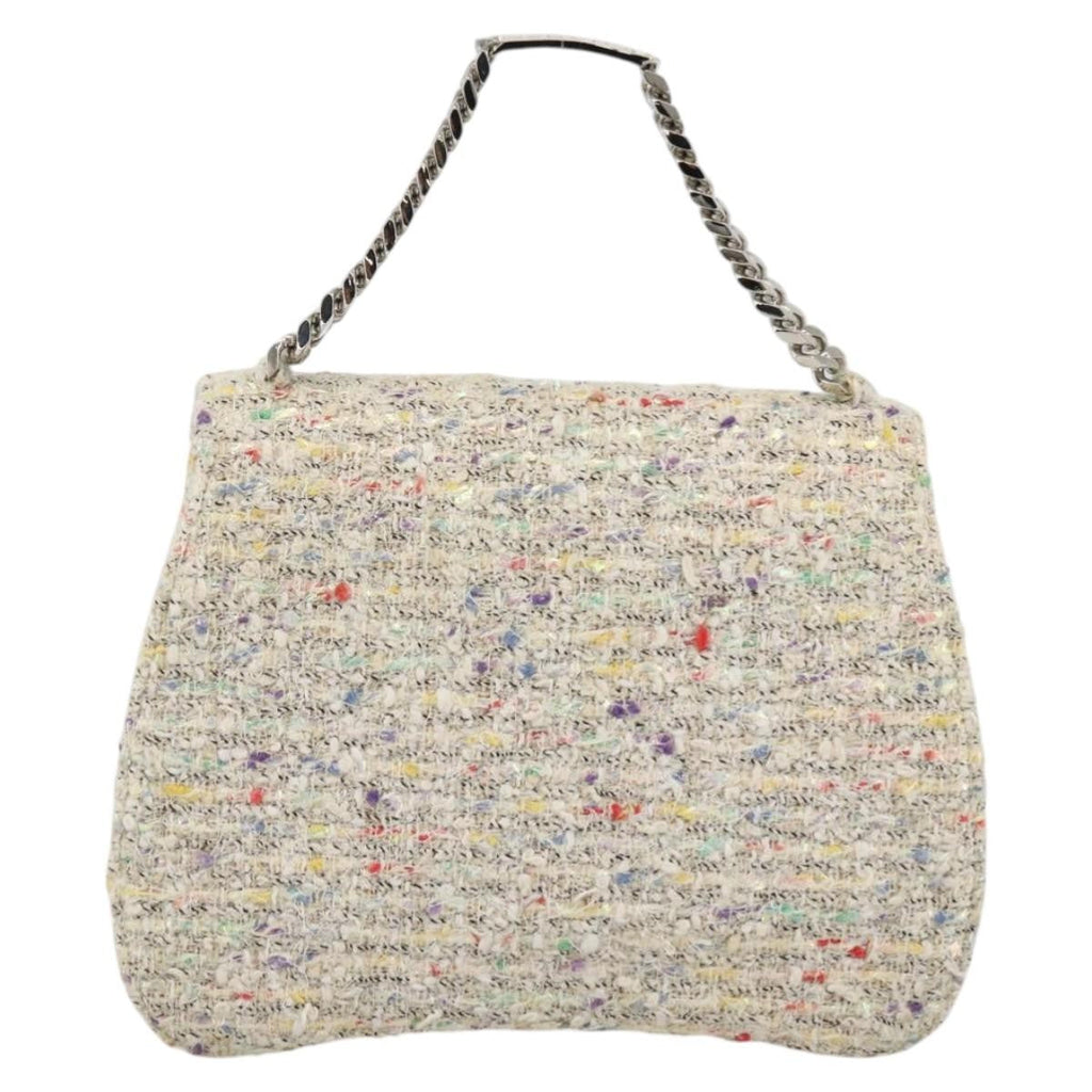 Chanel Vintage Cc Chain Top Handle Bag Quilted Tweed White Tweed Handbag (Pre-Owned)