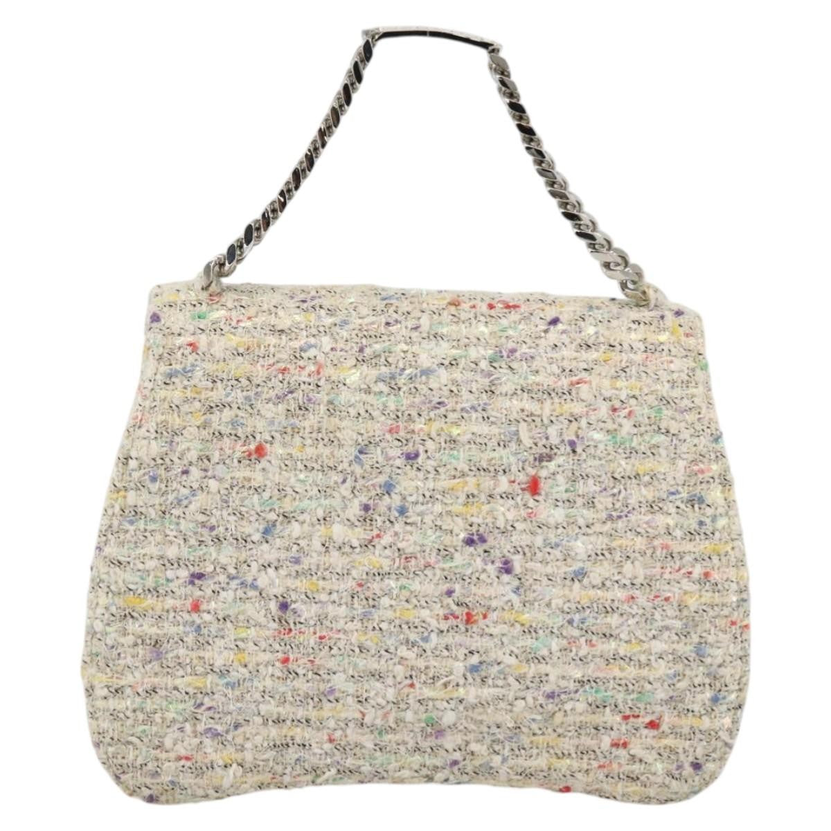 Chanel Vintage Cc Chain Top Handle Bag Quilted Tweed White Tweed Handbag (Pre-Owned)