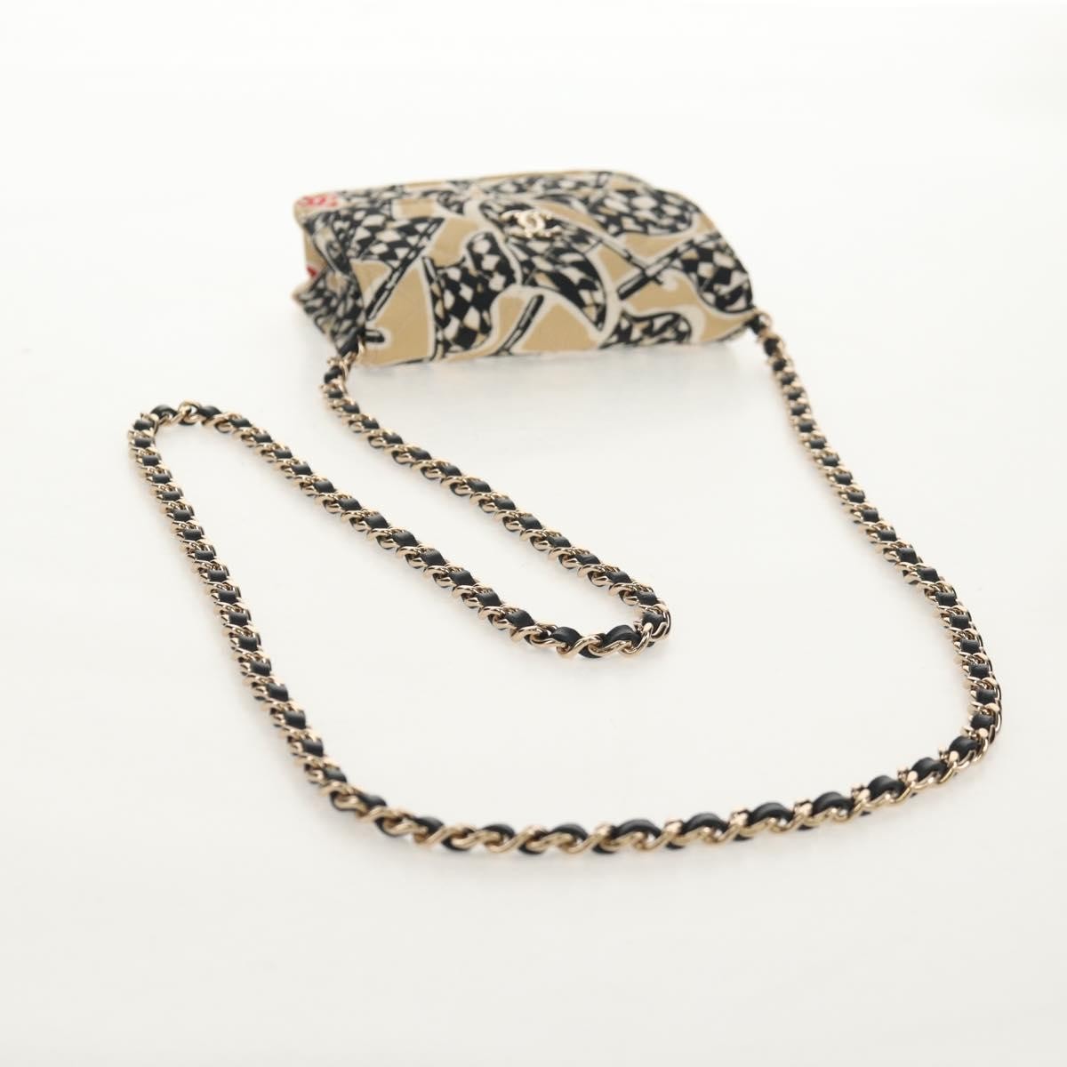 Chanel Flap Card Holder On Chain Quilted Printed Canvas Beige Satin Clutche & Pouche Bag (Pre-Owned)
