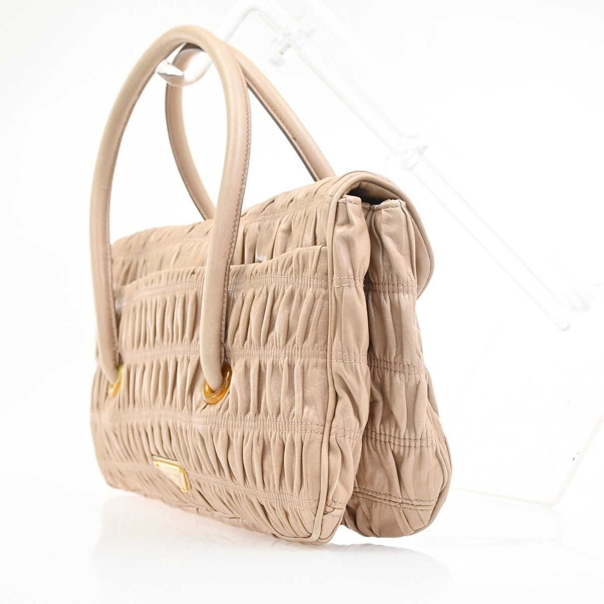 Prada Turnlock Shoulder Bag Nappa Gaufre Beige Leather Shoulder Bag Bag (Pre-Owned)