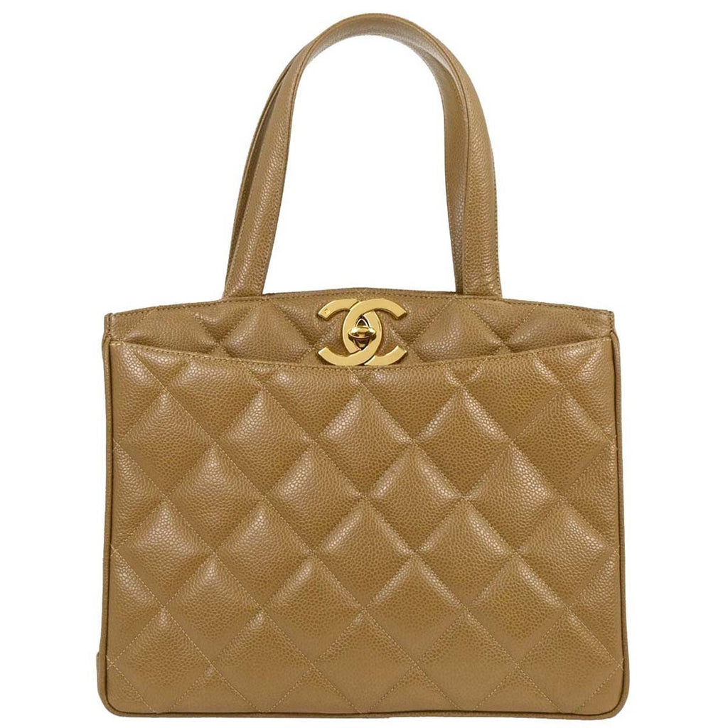 Chanel Vintage Cc Lock Pocket Tote Quilted Caviar Beige Leather Tote Bag Bag (Pre-Owned)