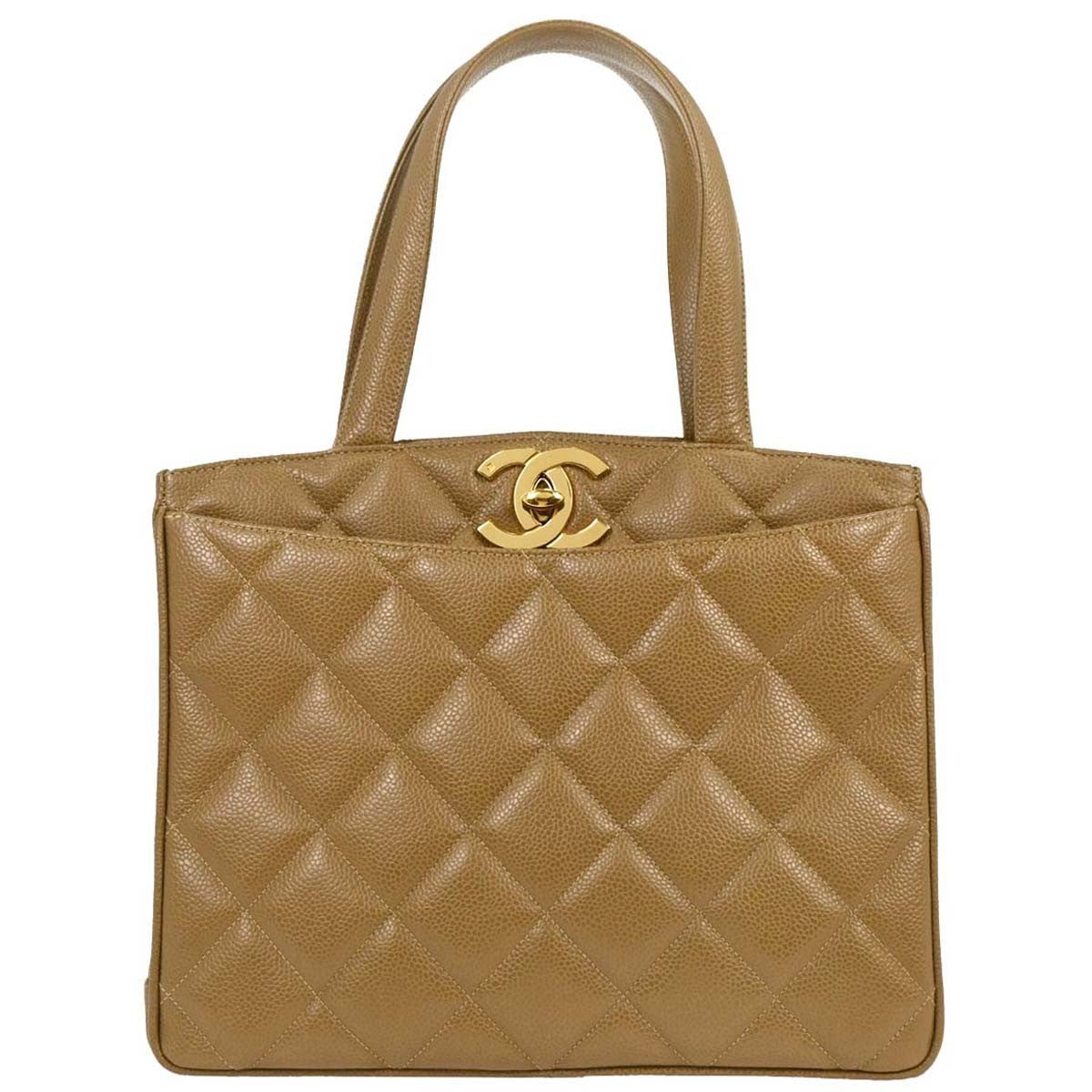 Chanel Vintage Cc Lock Pocket Tote Quilted Caviar Beige Leather Tote Bag Bag (Pre-Owned)