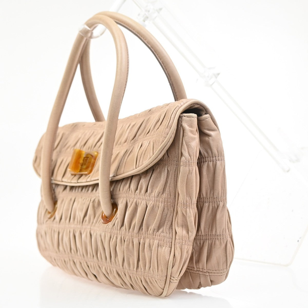 Prada Turnlock Shoulder Bag Nappa Gaufre Beige Leather Shoulder Bag Bag (Pre-Owned)