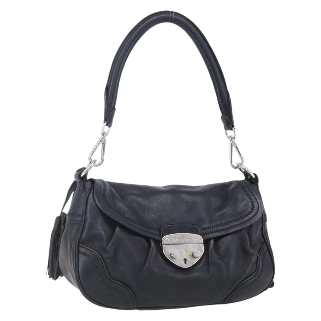 Prada Pushlock Shoulder Bag Leather Black Leather Shoulder Bag Bag (Pre-Owned)