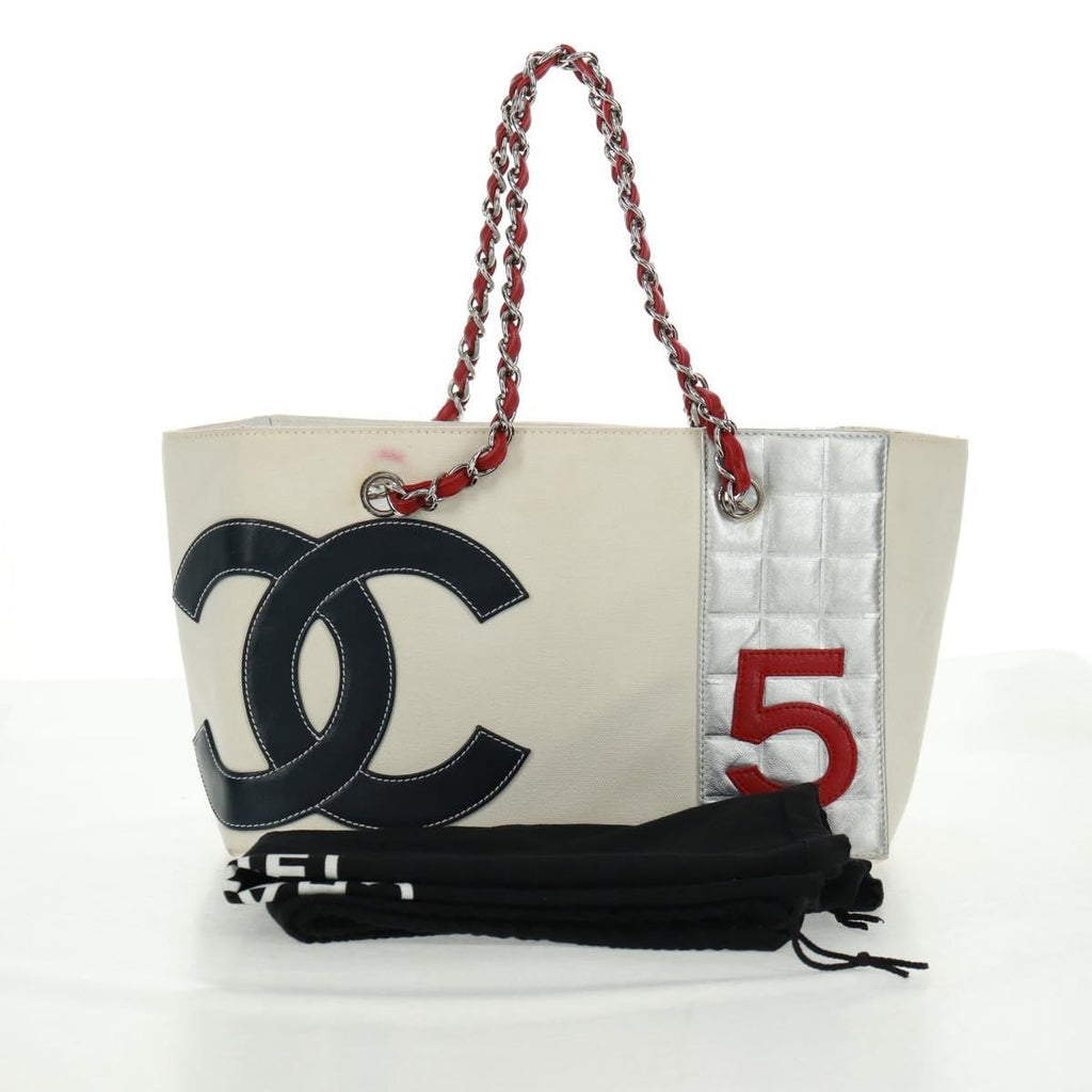 Chanel No.5 Tote Canvas And Leather White Canvas Tote Bag Bag (Pre-Owned)