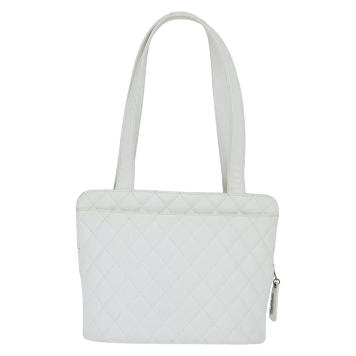 Chanel Vintage Cc Zip Around Bowler Bag Quilted Caviar White Leather Tote Bag Bag (Pre-Owned)