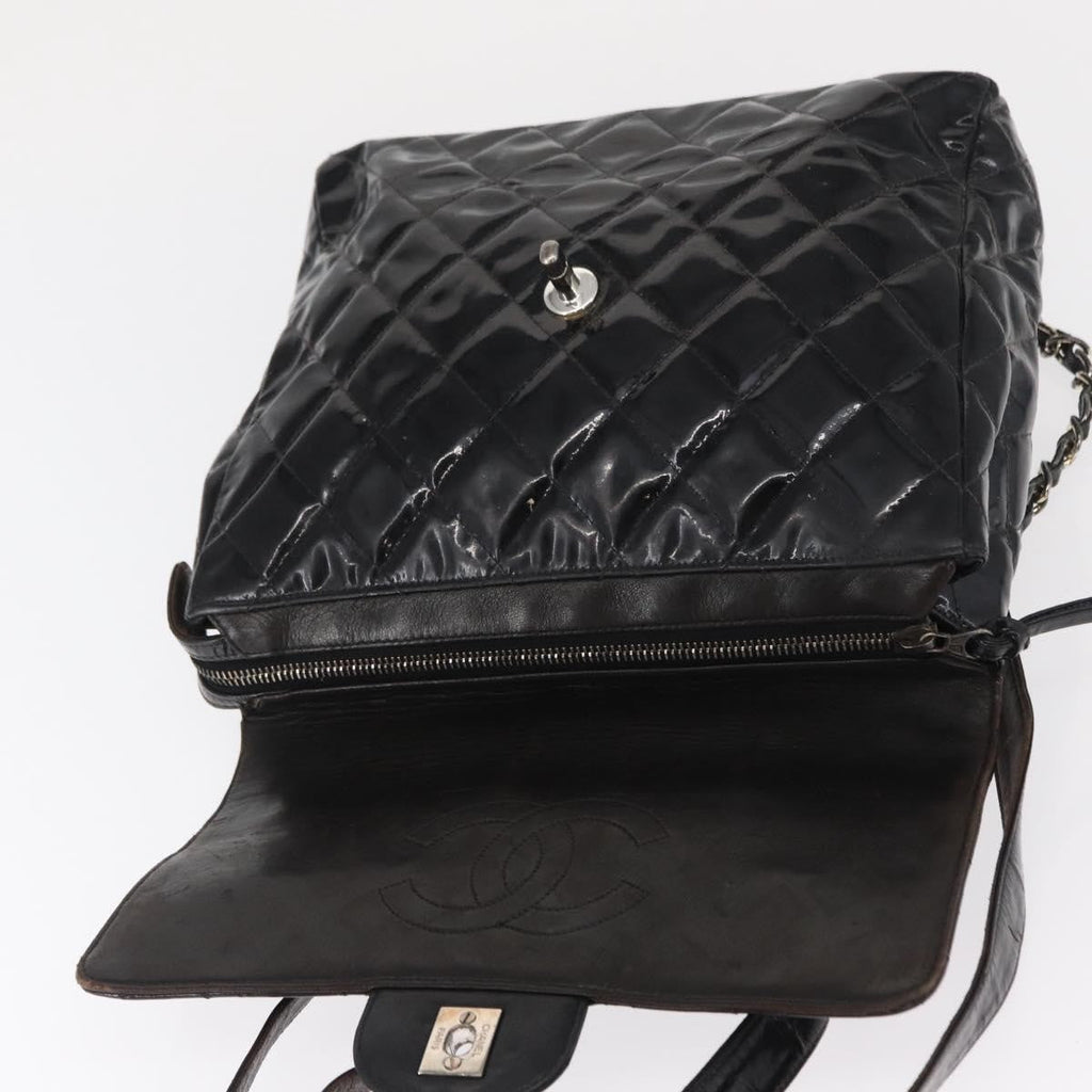 Chanel Vintage Square Flap Backpack Enamel Black Patent_Leather Backpack Bag (Pre-Owned)