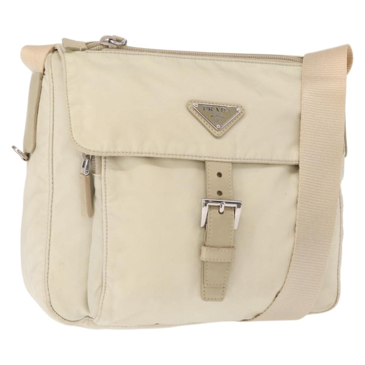 Prada Buckle Messenger Bag Tessuto Beige Nylon Shoulder Bag Bag (Pre-Owned)