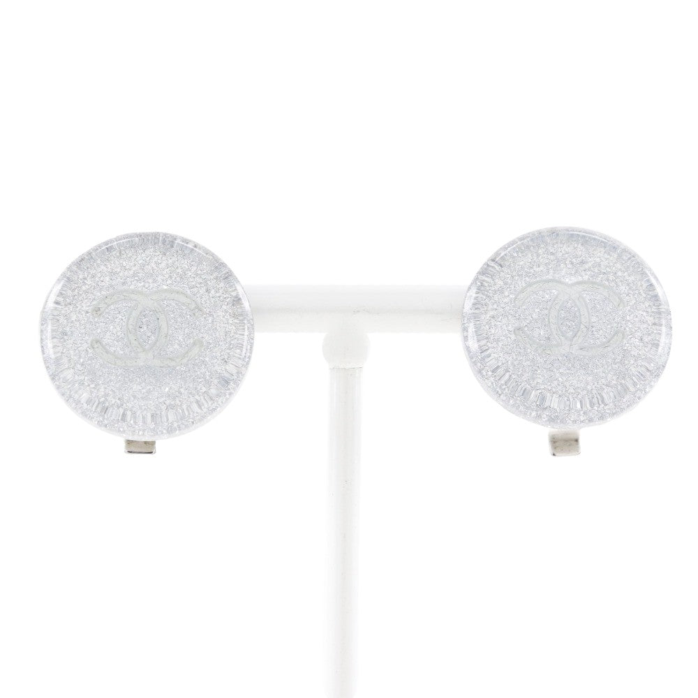 Chanel Cc Round Clip-On Earrings Glitter Resin Silver Plastic Earrings Jewelry (Pre-Owned)
