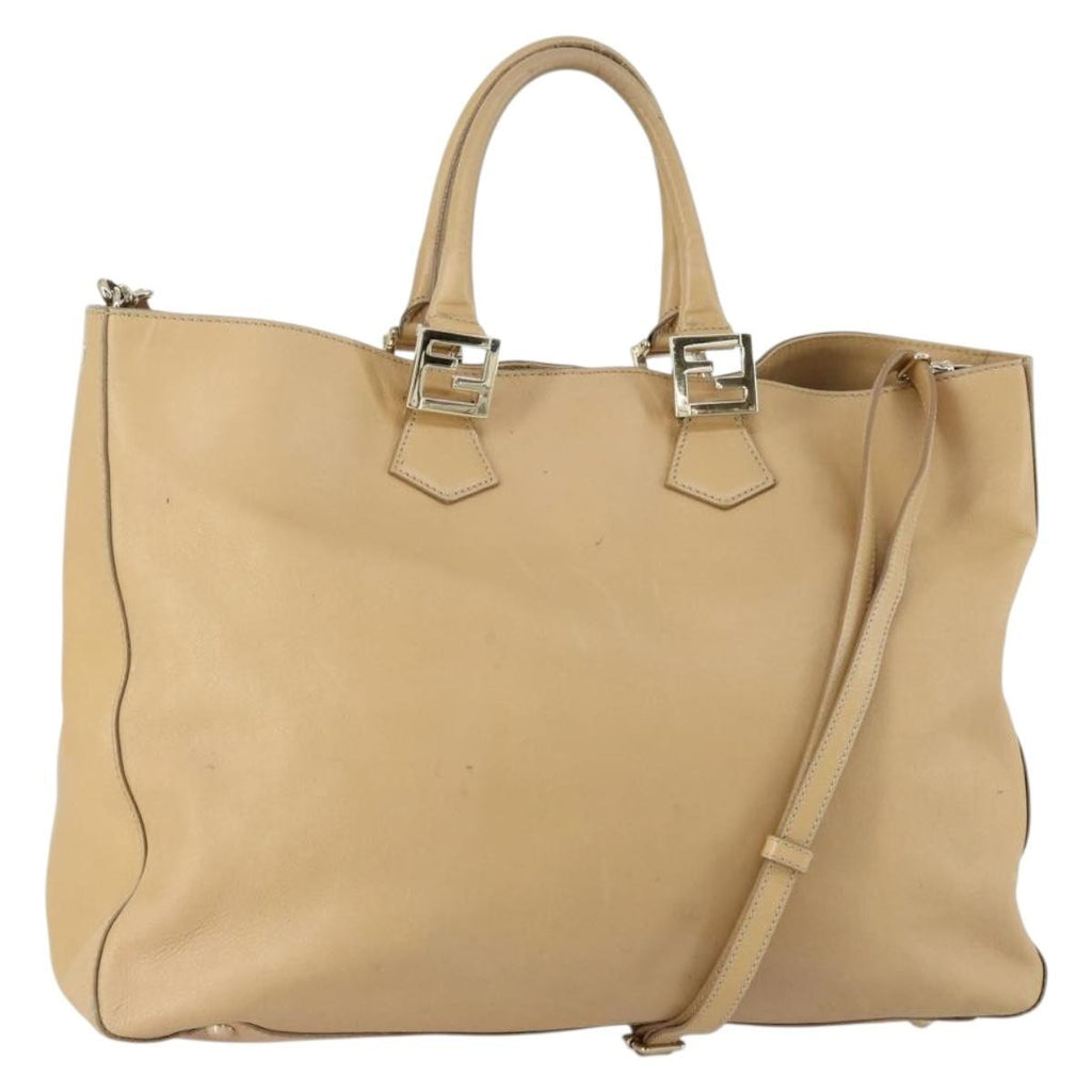 Fendi Twins Tote Leather Beige Leather Tote Bag Bag (Pre-Owned)