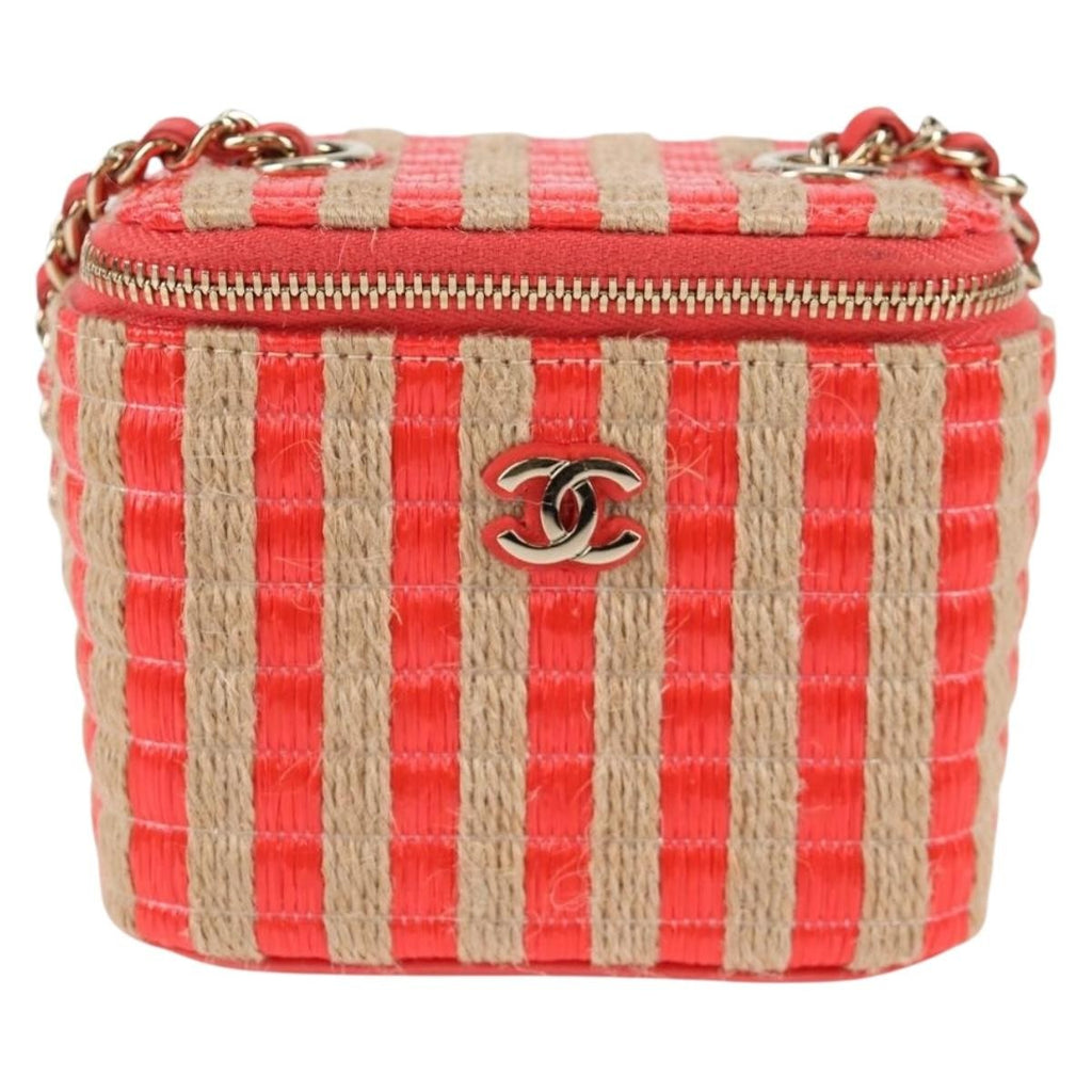 Chanel Classic Vanity Case With Chain Striped Raffia And Jute Red Canvas Shoulder Bag Bag (Pre-Owned)