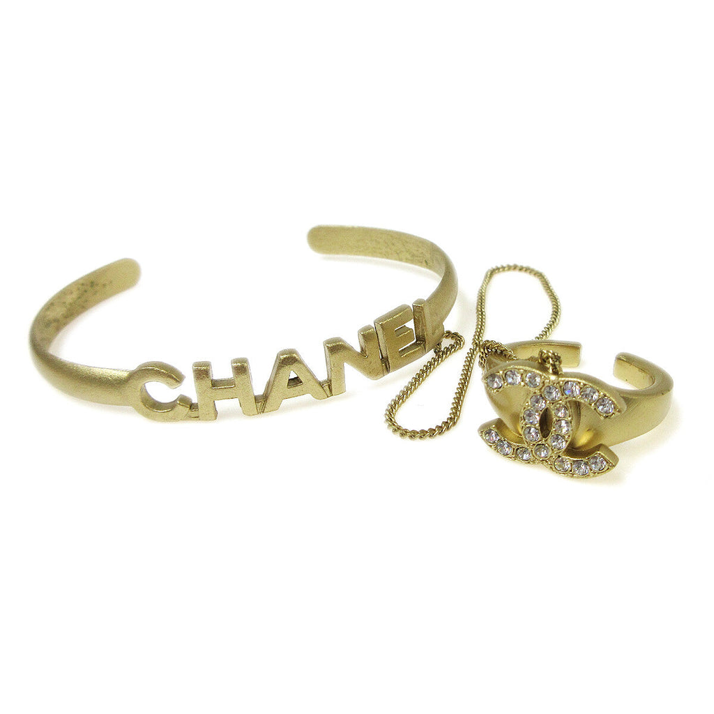 Chanel Logo Bangle With Chain Attached Cc Ring Metal With Crystal Gold Gold_Plated Bracelet Jewelry (Pre-Owned)