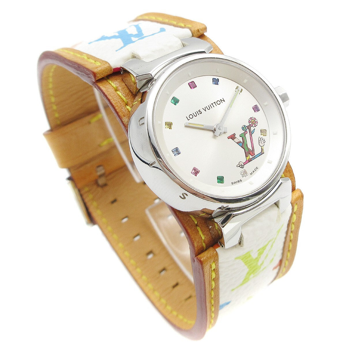 Louis Vuitton Tambour Quartz Watch Stainless Steel And Monogram Multicolor Watch (Pre-Owned)