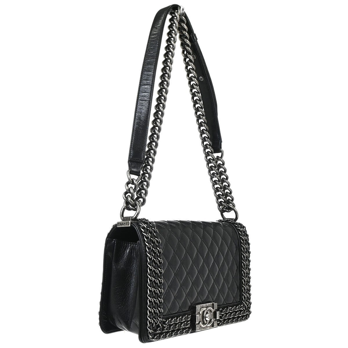 Chanel Boy Flap Bag Quilted Glazed Calfskin Black Leather Handbag (Pre-Owned)
