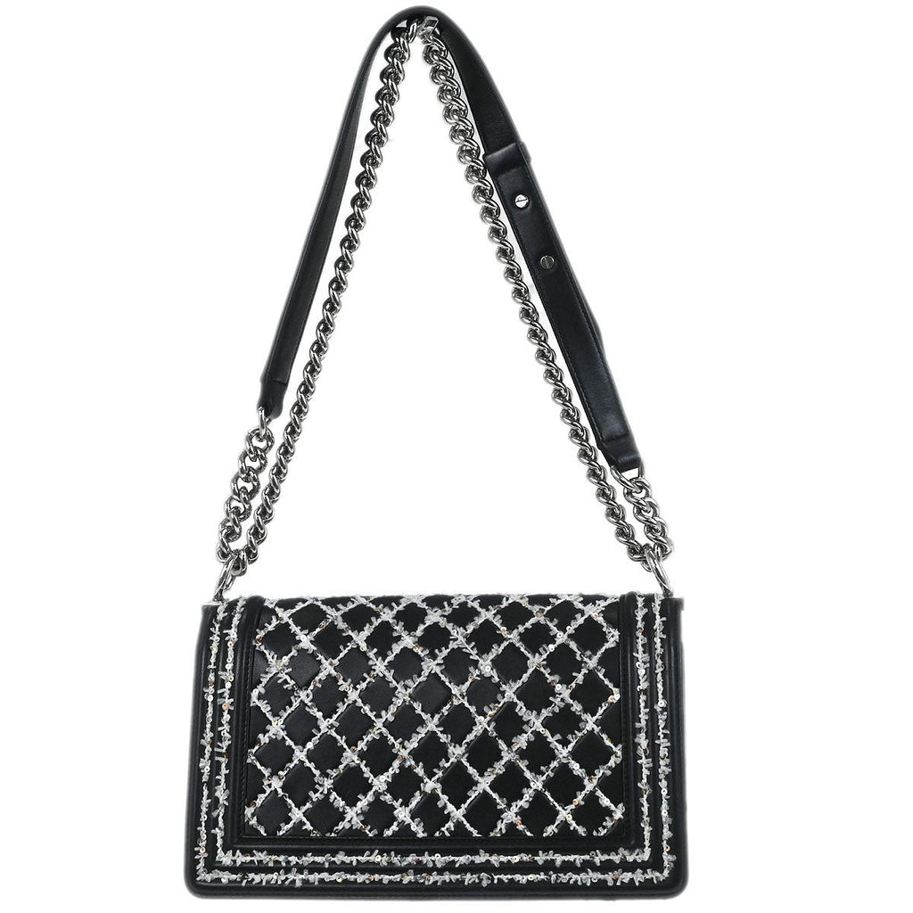 Chanel Boy Flap Bag Sequin Quilted Calfskin Black Leather Shoulder Bag Bag (Pre-Owned)
