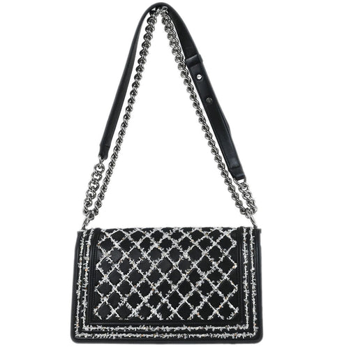 Chanel Boy Flap Bag Sequin Quilted Calfskin Black Leather Shoulder Bag Bag (Pre-Owned)