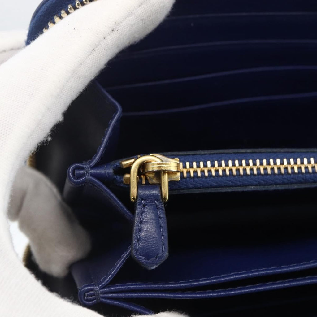 Prada Zip Around Organizer Wallet Saffiano Leather With Applique Blue Leather Wallets Accessory (Pre-Owned)