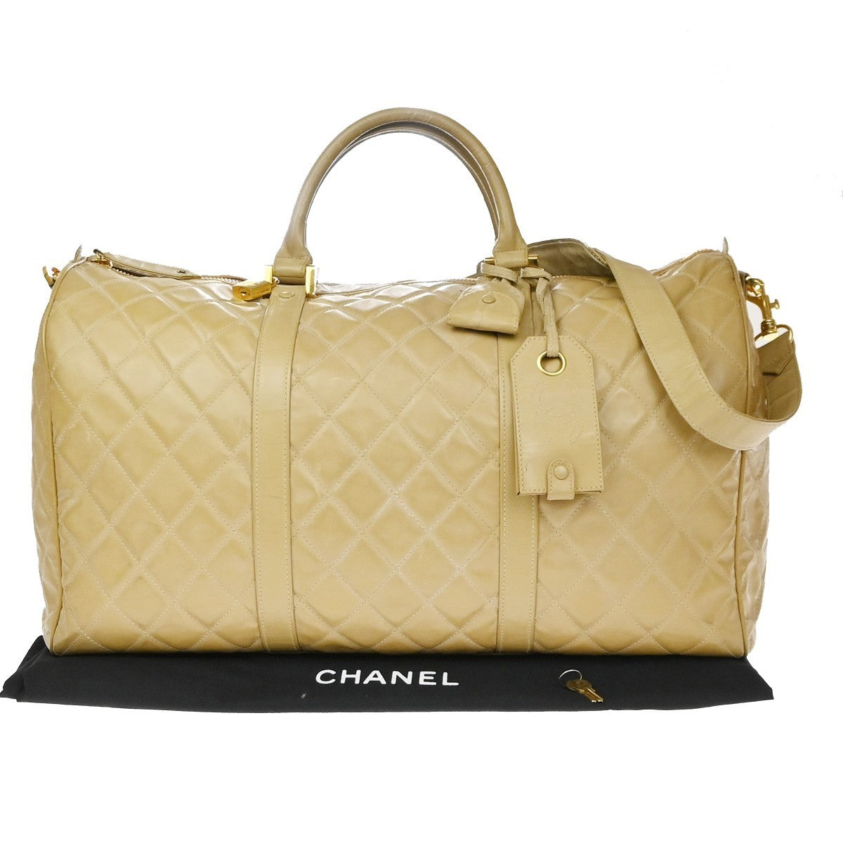 Chanel Vintage Bowler Bag Lambskin Beige Patent_Leather Handbag (Pre-Owned)