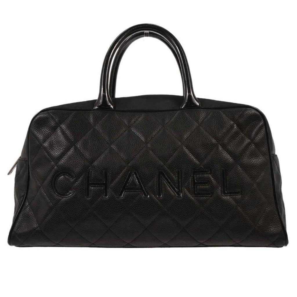 Chanel Embossed Logo Bowler Bag Quilted Caviar Black Leather Travel Bag Bag (Pre-Owned)