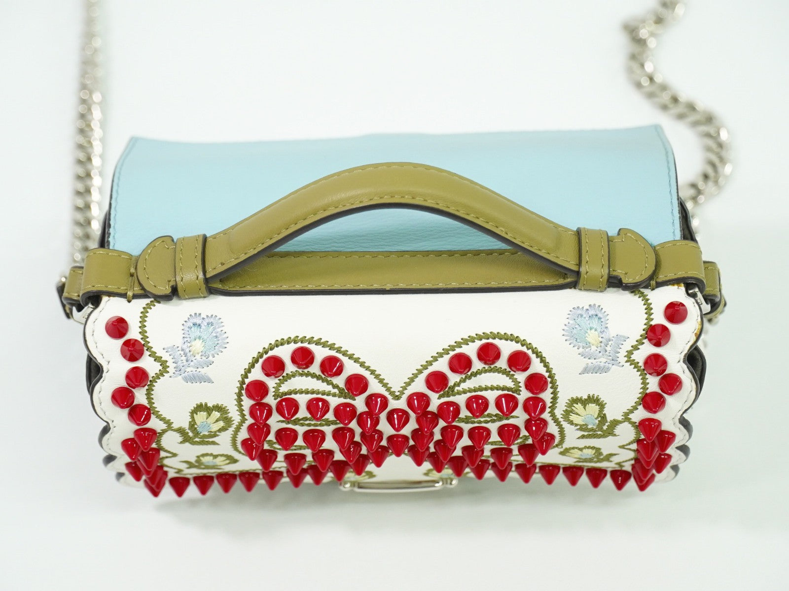 Fendi Double Baguette Embroidered Studded Leather White Leather Shoulder Bag Bag (Pre-Owned)