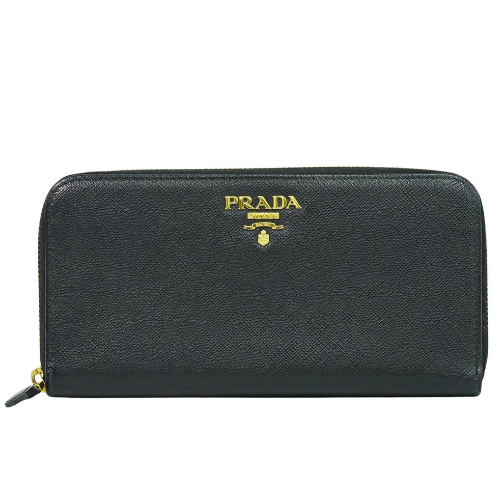 Prada Zip Around Tab Wallet Saffiano Leather Black Leather Wallets Accessory (Pre-Owned)