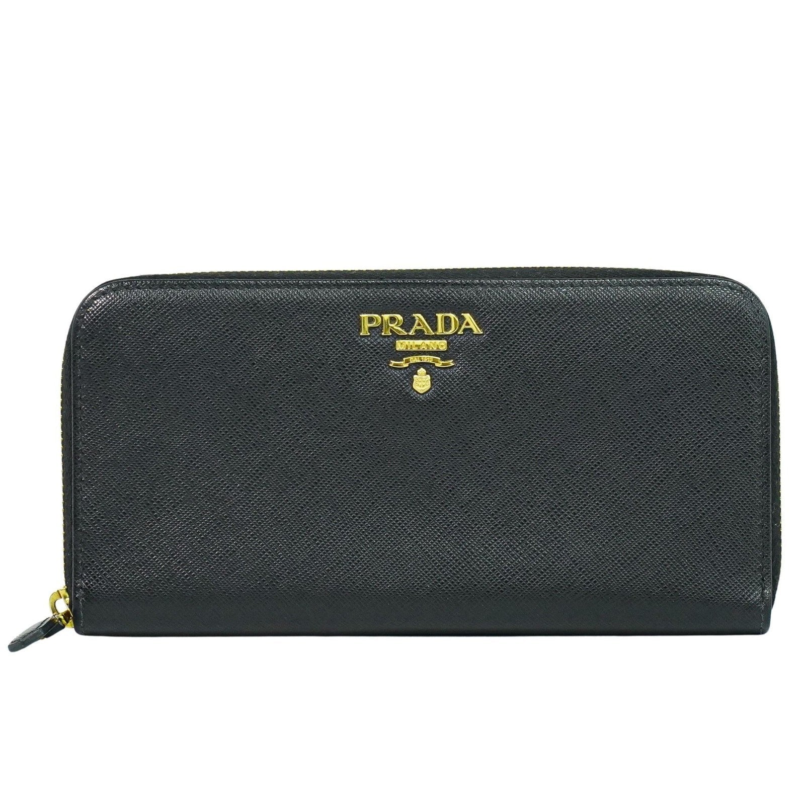 Prada Zip Around Tab Wallet Saffiano Leather Black Leather Wallets Accessory (Pre-Owned)